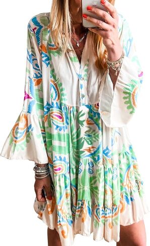 miduo Womens Summer Dress Casual V Neck Buttoned 3/4 Sleeve Bohemian Tribal Print Flowy Mini Dresses in Kuwait