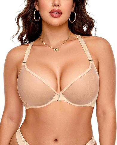 YANDW Sexy Womens Mesh Front Closure Racerback Bras for Women See Through Plunge Non Padded Unlined Sheer Bra Underwire in Kuwait