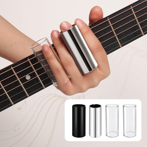 Topus 4 Pieces Medium Guitar Slide (3 Colors Steel Glides, 1 Pieces Glass Slide), Guitar Accessories Kit Include 10 Pieces Guitar Picks and 8 Pieces Plastic Thumb & Finger Picks in Storage Box in Kuwait