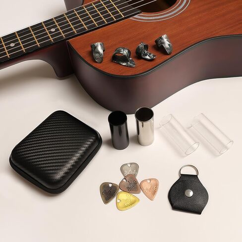 Topus 4 Pieces Medium Guitar Slide (3 Colors Steel Glides, 1 Pieces Glass Slide), Guitar Accessories Kit Include 10 Pieces Guitar Picks and 8 Pieces Plastic Thumb & Finger Picks in Storage Box in Kuwait