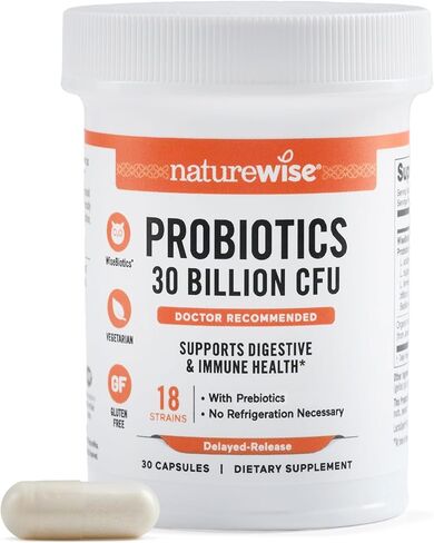 Naturewise Max Probiotics للنساء والرجال - 30 مليار سلالات CFU 18 + prebiotics العضوية - من أجل صحة الأمعاء والهضم - كبسولات نباتية ، تأخر ، خالية من الغلوتين - 30 كبسولة [إمدادات مدتها 30 يومًا] in Kuwait
