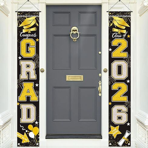 2025 Graduation Banner Decorations, Black and Gold Graduate Porch Sign Banner for Class of 2025 Indoor Outdoor Graduates Party, School Classroom Decorations in Kuwait