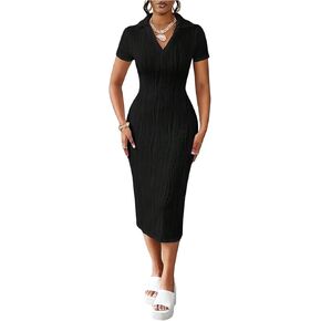 Women's Collar V Neck Bodycon Dress Short Sleeve Dressy Casual Knit Midi Dresses in Kuwait