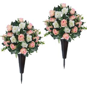 Lodou Set of 2 Artificial Cemetery Flowers, Memorial Flowers Bouquet,Grave Memorial Flowers with Vase for Cemetery Headstones Decoration (Purple White) in Kuwait