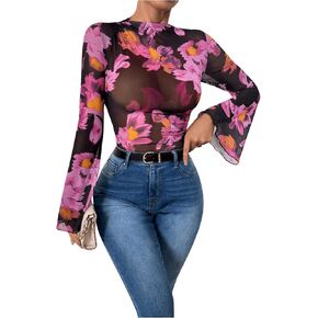 MakeMeChic Women's Leopard Print Top Bodysuit Long Sleeve Mock Neck Sleeve Fitted Leotards in Kuwait