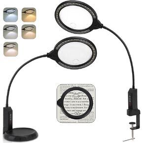 عدسة مكبرة مع ضوء وحامل، مصباح مكبر 15X و8X مع مشبك، 5 أوضاع إضاءة ملونة، مصباح مكتب LED قابل للتعتيم بدون استخدام اليدين للحرف اليدوية، هواية القراءة، الرسم، الخياطة، العمل القريب in Kuwait