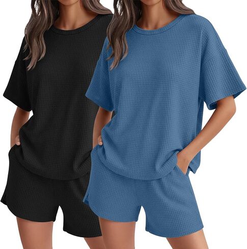 Neer 2 Pack Waffle Knit Women's Pajama مجموعات صالة لطيفة لأكمام قصيرة قصيرة وقصيرة مطابقة PJ مع جيوب in Kuwait