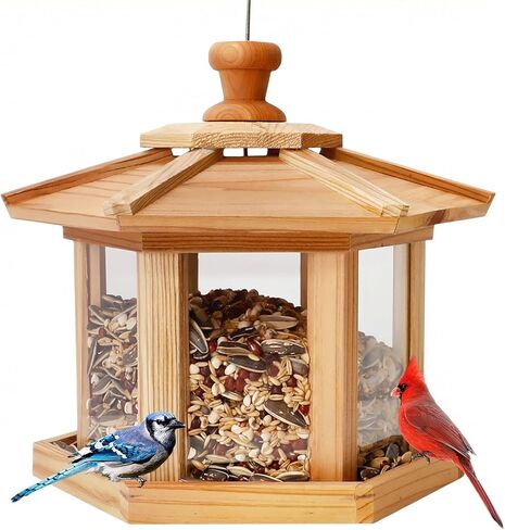 Solution4Patio Homes Garden USA Cedar Bird Feeder Wildbird Essentials Handmade Wooden Outdoor Ranch Patio Yard Tree Hanging with Double Plastic Window and Double Suet Holder Cages Combination #G-8534 in Kuwait