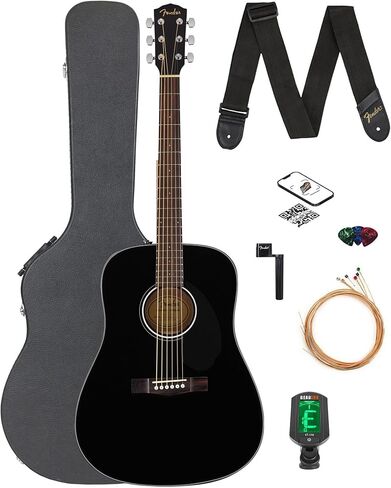 غيتار Fender FA-125 Dreadnought - حزمة سوداء مع حقيبة الحفلة، والموالف، والحزام، والأوتار، ولفاف السلسلة، واللقطات، وأقراص DVD التعليمية لأوستن بازار in Saudi Arabia