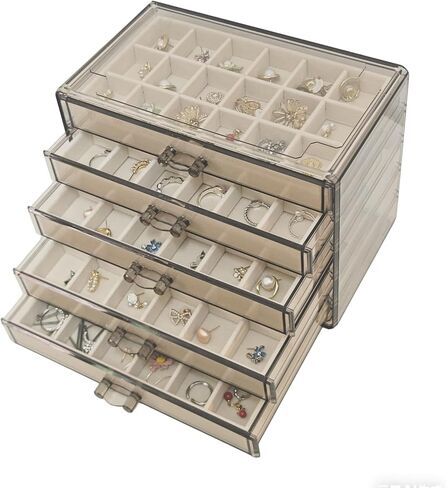 Acrylic Earring Holder Organizer with 5 Drawers Clear Earring Organizer Box with 90 Adjustable Grids Velvet Earring Display Case Jewelry Organizer for Earrings Rings Studs (Beige) in Saudi Arabia