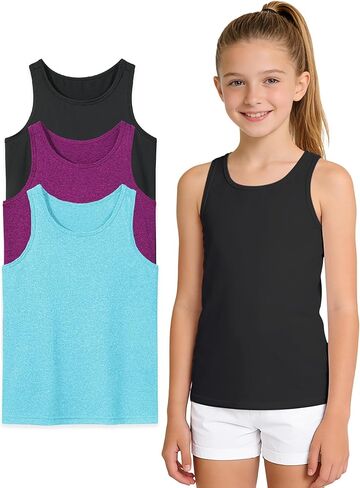 Auranso Girls Tank Tops Athletic Sleeveless Racerback Quick Dry Dance Shirts 3 Pack in Saudi Arabia