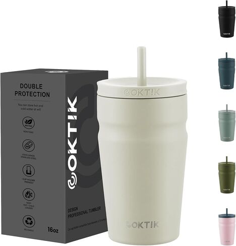 COKTIK 24oz Insulated Tumbler with Lid and Straw 2 Lids (Straw/Flip) Iced Coffee Cup Reusable Stainless Steel Travel Mug Water Bottle Cupholder Friendly for Women Men Her Him (Almond Birch) in Saudi Arabia