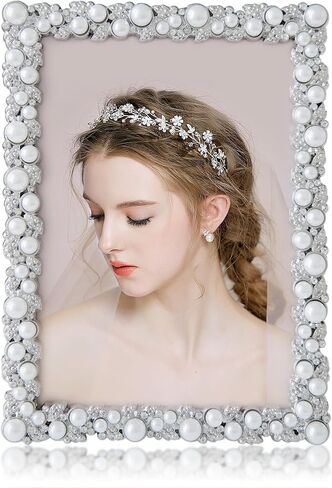 DIKAR 5x7 Picture Frame with Pearls and Rhinestones for Wedding Gifts, Wedding Picture Frame for Tabletop &Wall Mounting Display in Kuwait