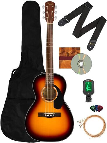 حزمة جيتار صوتي من Fender CP-60S ذات قمة صلبة بحجم صالون مع حقيبة الحفلة والموالف والحزام والأوتار واللقطات ودروس Fender Play عبر الإنترنت وأقراص DVD التعليمية لأوستن بازار - Sunburst in Saudi Arabia