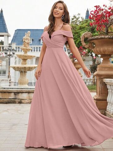 Cold Shoulder Ruched Floor Length Chiffon Bridesmaid Dress Elegant Evening Gowns Prom Dress Formal Dresses in Kuwait