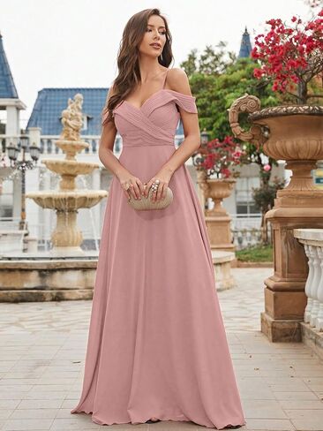 Cold Shoulder Ruched Floor Length Chiffon Bridesmaid Dress Elegant Evening Gowns Prom Dress Formal Dresses in Kuwait