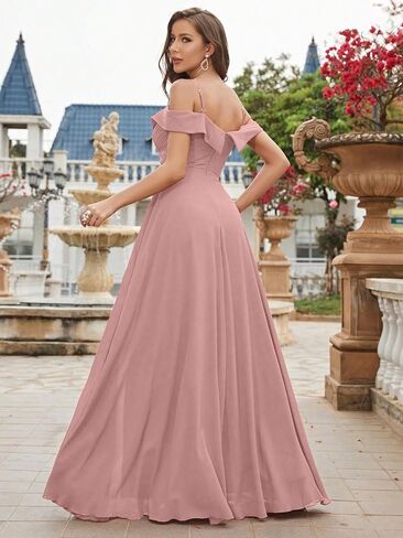 Cold Shoulder Ruched Floor Length Chiffon Bridesmaid Dress Elegant Evening Gowns Prom Dress Formal Dresses in Kuwait