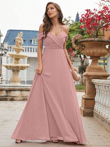 Cold Shoulder Ruched Floor Length Chiffon Bridesmaid Dress Elegant Evening Gowns Prom Dress Formal Dresses in Kuwait
