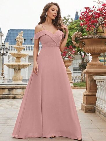 Cold Shoulder Ruched Floor Length Chiffon Bridesmaid Dress Elegant Evening Gowns Prom Dress Formal Dresses in Kuwait
