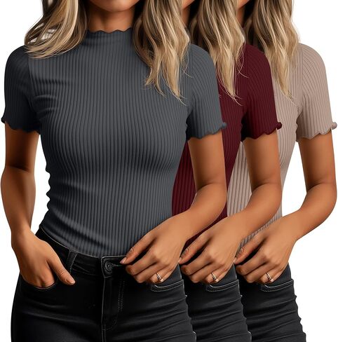 Huukeay 3 Pack Women's Mock Turtleneck Short Sleeve Tops Cotton Ribbed Lettuce Trim T Shirts Slim Fit Casual Base Tee in Saudi Arabia