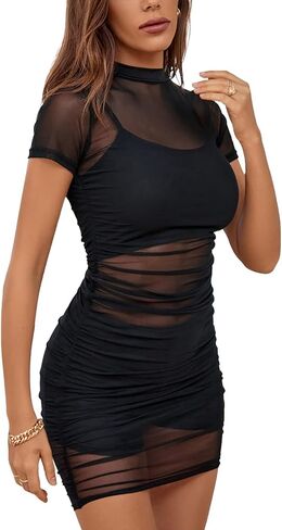 Rooscier Women's Sexy Sheer Mesh Midi Dress Short Sleeve 3 Piece Outfits with Cami Shorts in Kuwait