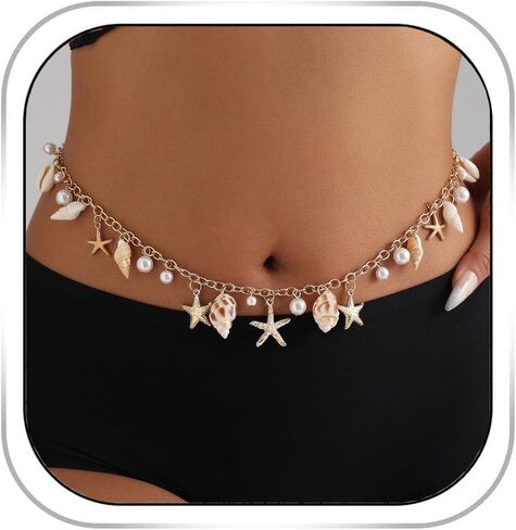 Pearl Shell Waist Chains for Women Starfish Conch Belly Chain Beach Bikini Body Chain Belly Belt Body Chains Waterproof Adjustable Sexy Beach Bikini Body Jewelry in Kuwait