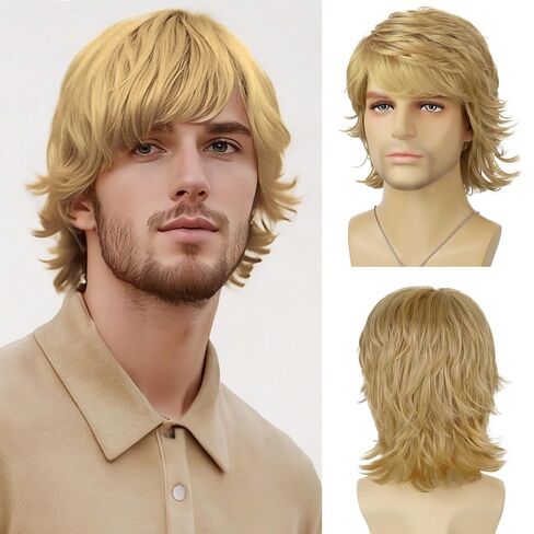 البني البني بني قصير الطبقات الطبيعية متموجة متموجة مقاومة للحرارة شعر مستعار الذكور الرجل اليومية حفلة الهالوين in Kuwait