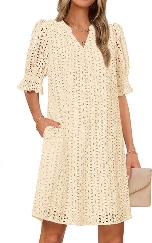 MEROKEETY Women's 2025 Summer Short Sleeve Mini Dress V Neck Ruffle Hollow Out Eyelet Lace Dresses in Saudi Arabia