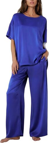 Lunya Washable Mulberry Silk Pajamas for Women – Breathable Set with Oversized Tee & Silk Pants – Multiple Colors & Sizes in Saudi Arabia