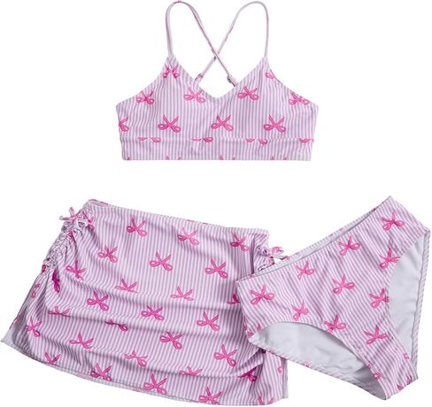 Floerns Girl's 3 Piece Swimsuit Cherry Print Cute Bikini Set with Cover Up Skirt in Saudi Arabia