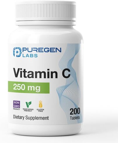 Puregen Labs فيتامين C 250 ملغ يدعم الجهاز المناعي الصحي وحماية مضادات الأكسدة | غير GMO | الخالية من الغلوتين | صنع في الولايات المتحدة - 200 قرص in Kuwait