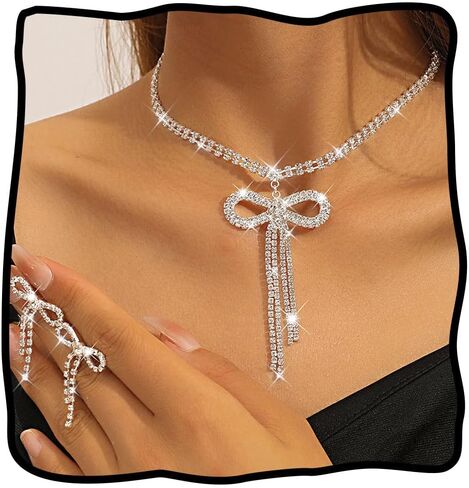 Jeairts jeirts bow bow jewelry مجموعة قلادة القوس البراقة والأقراط مجموعات المجوهرات كرستال بروميد للنساء in Kuwait