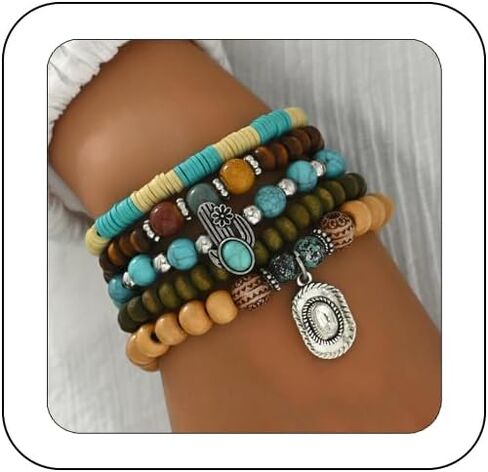 Bohemian Beaded Bracelet for women Vintage Turquoise Wood Beads Bracelet Western Jewelry Set for Men Boho Ox-head Cactus Cross Stretch BraceletS Tribal Ethnic Unisex Accessories in Saudi Arabia