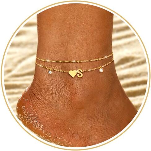 Gold Silver Ankle Bracelets for Women 14k Gold Plated Initial Anklets for Women Waterproof Non Tarnish Dainty Layered CZ Letter A-Z Heart Charm Anklet Set Summer Beach Foot Chain Jewelry Gift in Kuwait