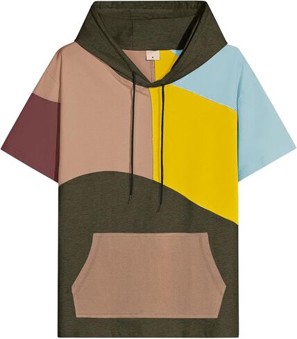 Mens Short Sleeve Hoodie Cotton Color Block T-Shirt Sweatshirt Moisture Wicking Half Sleeve Summer Pullover in Kuwait