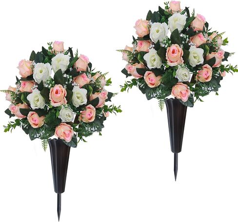 Lodou Set of 2 Artificial Cemetery Flowers, Memorial Flowers Bouquet,Grave Memorial Flowers with Vase for Cemetery Headstones Decoration (Purple White) in Kuwait
