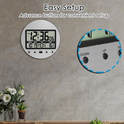 Atomic Clock, 9.25 Inch Round Self-Setting Digital Wall Clock Battery Operated with Temperature, Date and Seconds - Auto DST, Easy to Set, Aluminum Silver in Kuwait