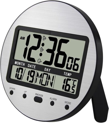 Atomic Clock, 9.25 Inch Round Self-Setting Digital Wall Clock Battery Operated with Temperature, Date and Seconds - Auto DST, Easy to Set, Aluminum Silver in Kuwait