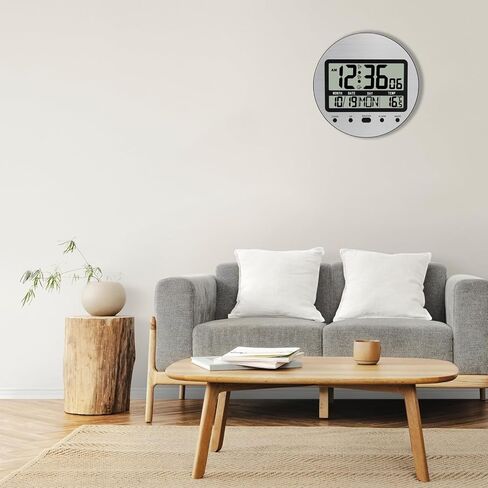 Atomic Clock, 9.25 Inch Round Self-Setting Digital Wall Clock Battery Operated with Temperature, Date and Seconds - Auto DST, Easy to Set, Aluminum Silver in Kuwait