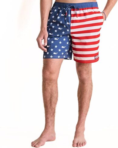 vineyard vines Men's 7 Inch Printed Chappy Swim Trunks, Lghthse Red/Td Blue in Saudi Arabia