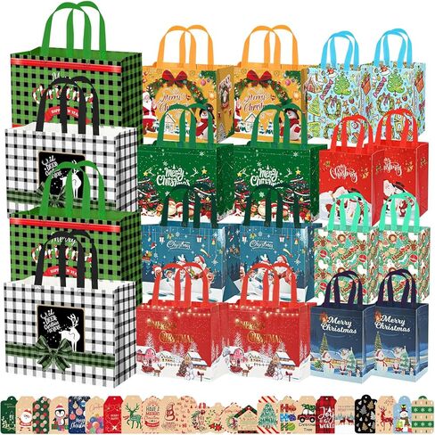 wluseaxi 20 حزمة أكياس هدايا عيد الميلاد أحجام متنوعة مع 24 علامات هدايا عيد الميلاد، أكياس حمل عيد الميلاد قابلة لإعادة الاستخدام مع مقابض، 4 كبيرة جدًا، 8 كبيرة، 8 أكياس عيد الميلاد الصغيرة للهدايا عيد الميلاد صالح الطرف in Kuwait