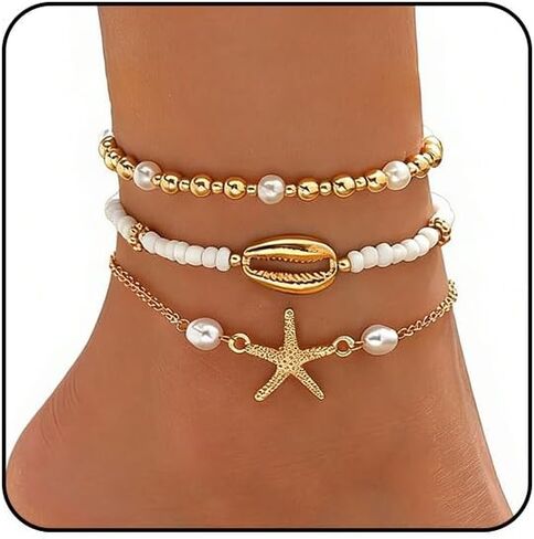 Ankle Bracelets for Women Waterproof Beach Jewelry for Women Elastic Beaded Anklets Boho Seashell Pearl Starfish Anklets for Women Foot Jewelry in Kuwait