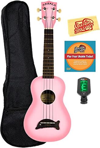 Kala MK-SD-PKBURST Makala Dolphin Soprano Ukulele - Pink Burst Bundle with Gig Bag, Tuner, Austin Bazaar Instructional DVD, and Polishing Cloth in Kuwait
