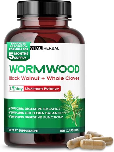 Wormwood العشبية الحيوية مع جوز الأسود فصين كامل كبسولات الزنجبيل - 150 كبسولة - تدعم الصحة الهضمية ، وظائف المناعة والتخلص من السموم - المصنوعة في الولايات المتحدة الأمريكية in Kuwait