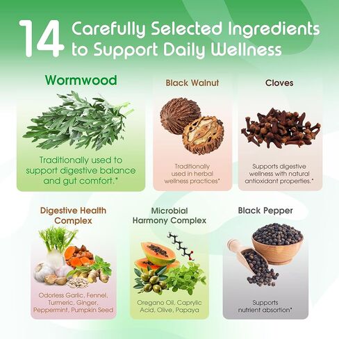 Wormwood العشبية الحيوية مع جوز الأسود فصين كامل كبسولات الزنجبيل - 150 كبسولة - تدعم الصحة الهضمية ، وظائف المناعة والتخلص من السموم - المصنوعة في الولايات المتحدة الأمريكية in Kuwait