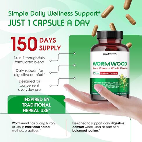 Wormwood العشبية الحيوية مع جوز الأسود فصين كامل كبسولات الزنجبيل - 150 كبسولة - تدعم الصحة الهضمية ، وظائف المناعة والتخلص من السموم - المصنوعة في الولايات المتحدة الأمريكية in Kuwait