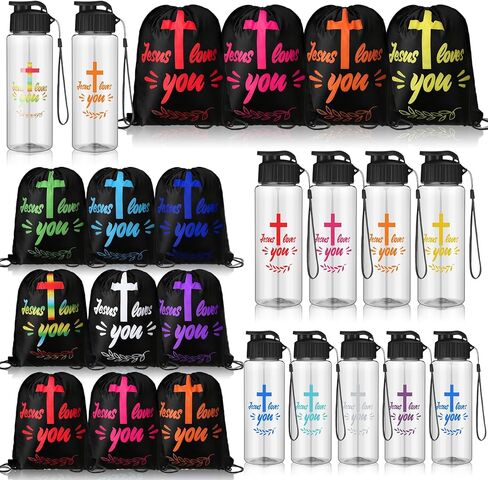 20 Pcs Christian Party Favors Bulk Church Gifts Includes 10 Jesus Loves You Drawstring Backpack 10 Christian Sport Bottles Religious Bags Bible Verse Party Favors Supplies for Church in Saudi Arabia