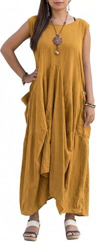 Women's Boho Cotton Sleeveless Dress Casual Loose Fit Maxi Dress with Big Pockets Fair Trade Light Summer Sundress in Kuwait