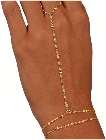 Gold Bracelets for Women Trendy, Dainty Gold Hand Chain Bracelet Stack 14k Gold Plated Finger Ring Bracelet Hand Chain Cz Layered Beaded Gold Bracelets for Women Non Tarnish Gold Jewelry Gift in Kuwait