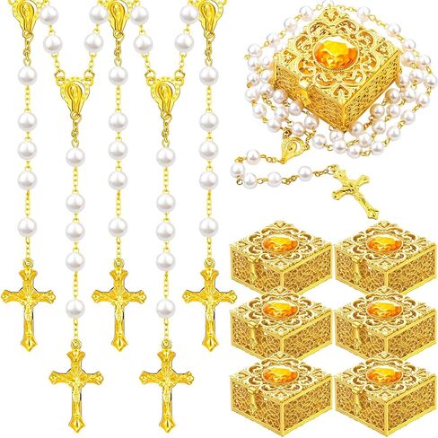 ROCEEI Catholic Rosary Necklace First Communion Baptism Favors Pearl Rosary Bead with Box for Women Men Elders Christian Gift in Kuwait